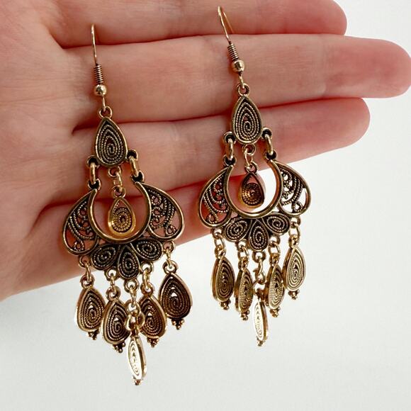 Large Gold Filigree, Mandala Earrings, Tribal, Boho, Ethnic, Bohemian - Picture 2 of 4